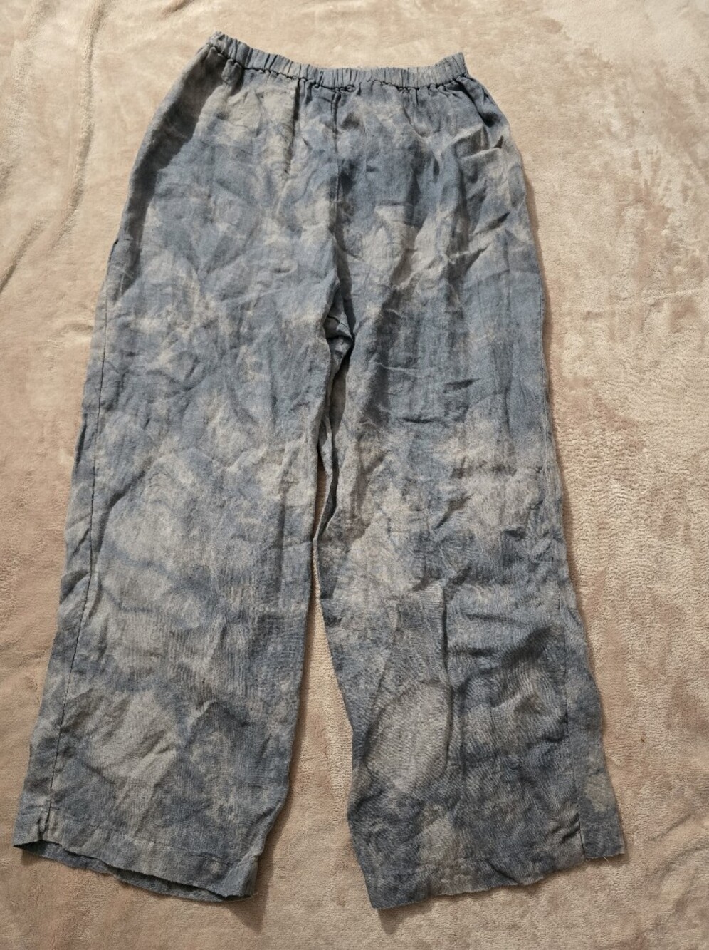 Cynthia Ashby pants blue and grey watercolor tie-dye pattern 100% linen Small